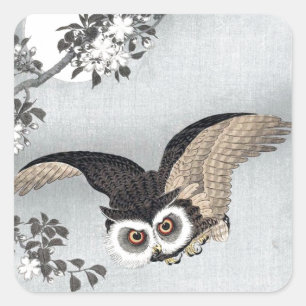 Sticker Carré 月 と フ ロ ウ, 古 Chouette volant et Lune, Koson, Ukiyo