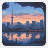 STICKER CARRÉ 東京の夕暮れの風景 ステッカー (Devant)