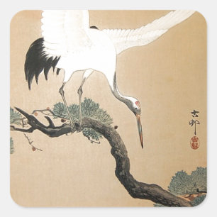 Sticker Carré 松 に 鶴, 邨 grue 古 sur Pine Tree, Koson, Ukiyo-e