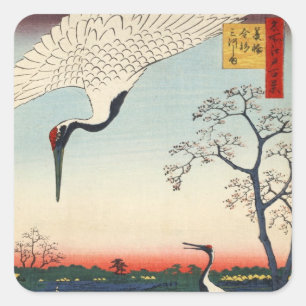 Sticker Carré 江戸の鶴, grue de 広重 d'Edo, Hiroshige