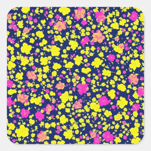 STICKER CARRÉ 紺地に黄色とピンクの花模様　和風　着物柄 (Devant)