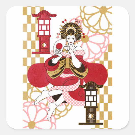 Sticker Carré 花魁と行灯(Oiran and Andon) (Devant)