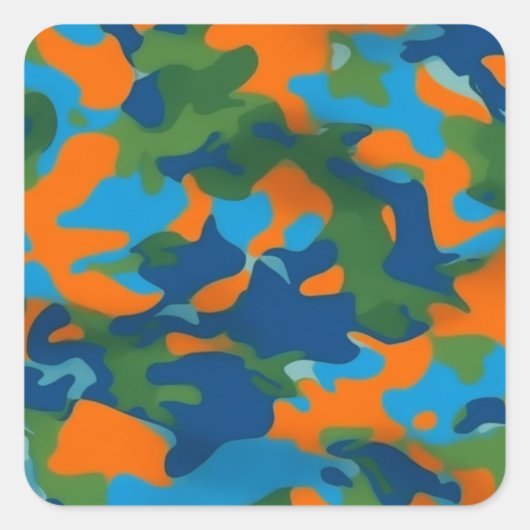 STICKER CARRÉ 鮮やかなオレンジ、青、緑のカモフラージュ柄 (Devant)