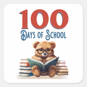 Sticker Carré 100 Jours d'École Ourson Mignon en Train de Lire S