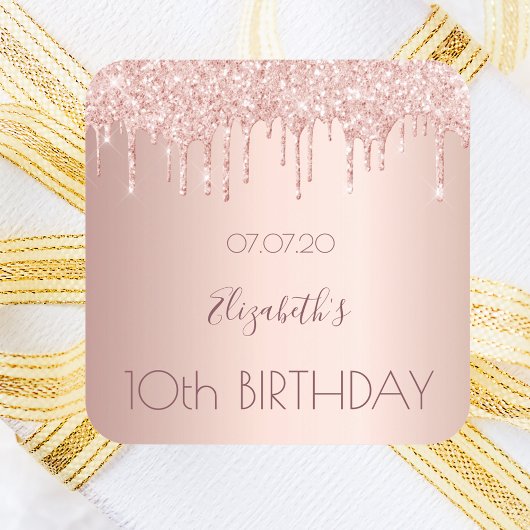 Sticker Carré 10e anniversaire blush rose or drips nom