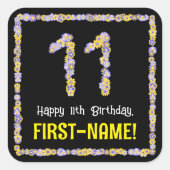 Sticker Carré 11e anniversaire : Floral Flowers Numéro, Nom pers (Devant)