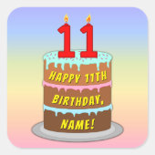 Sticker Carré 11e anniversaire : Fun Cake and Candles + Nom pers (Devant)