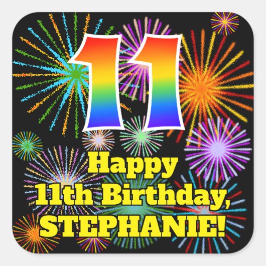 Sticker Carré 11e anniversaire : Fun Fireworks Look, Arc-en-ciel (Devant)