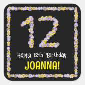Sticker Carré 12e anniversaire : Floral Flowers Numéro, Nom pers (Devant)