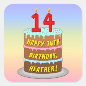 Sticker Carré 14e anniversaire : Fun Cake and Candles + Nom pers (Devant)
