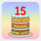 Sticker Carré 15e anniversaire : Fun Cake and Candles + Nom pers (Devant)