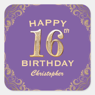 Sticker Carré 16e anniversaire fête violet et or Parties scintil