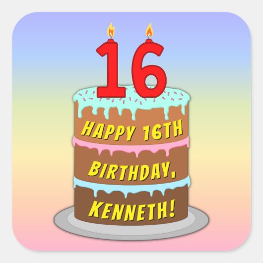 Sticker Carré 16e anniversaire : Fun Cake and Candles + Nom pers (Devant)