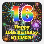 Sticker Carré 16e anniversaire : Fun Fireworks Look, Arc-en-ciel (Devant)
