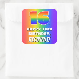 Sticker Carré 16e anniversaire : motif arc-en-ciel coloré et amu