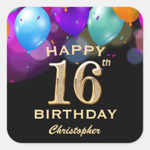 Sticker Carré 16e fête d'anniversaire Ballons noirs et or