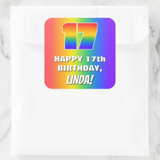 Sticker Carré 17th Birthday: Colorful, Fun Rainbow Pattern # 17 (Sac)