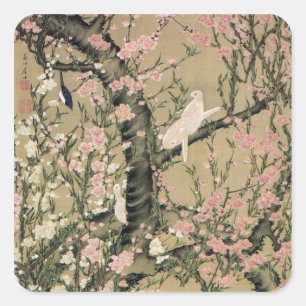 Sticker Carré 18.桃 花 小 禽 図, 冲 fleurs de pêche et petits oiseaux,