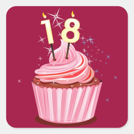 Sticker Carré 18e anniversaire - Cupcake rose (Devant)