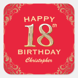 Sticker Carré 18e anniversaire Parties scintillant rouge et or c