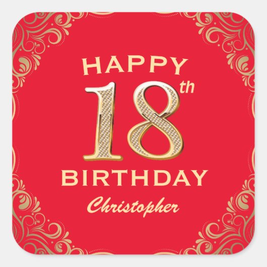 Sticker Carré 18e anniversaire Parties scintillant rouge et or c (Devant)