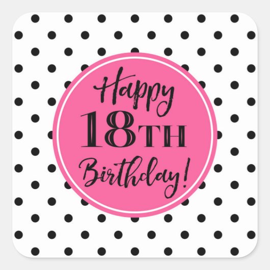 Sticker Carré 18e anniversaire Points blancs noirs roses (Devant)