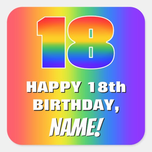 Sticker Carré 18th Birthday: Colorful, Fun Rainbow Pattern # 18 (Devant)