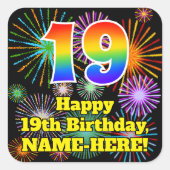 Sticker Carré 19e anniversaire : Fun Fireworks Look, Arc-en-ciel (Devant)