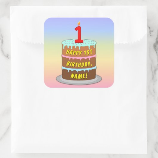 Sticker Carré 1er anniversaire : Fun Cake and Candle + Nom perso (Sac)