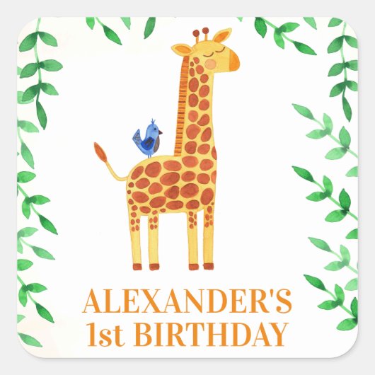 Sticker Carré 1er anniversaire mignonne Giraffe & Bird Whimsical (Devant)