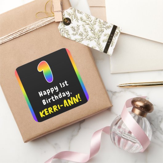 Sticker Carré 1er anniversaire : Rainbow Spectrum # 1, Nom perso (Cadeaux)