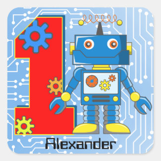 Sticker Carré 1er Anniversaire Robot Personnalisé