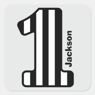 Sticker Carré 1er BÉBÉ Anniversaire Noir rayé Grand Numéro A20Z