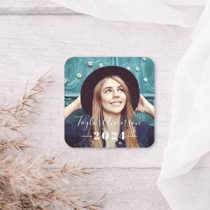 Sticker Carré 2024 - Graduation minimaliste photo blanche