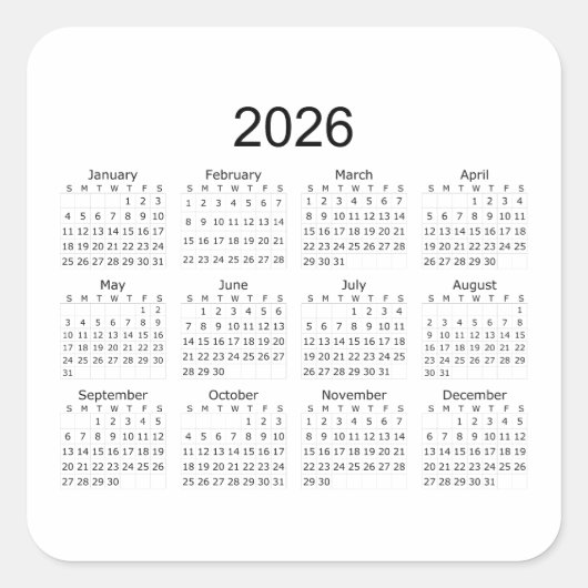 Sticker Carré 2026 Simple Minimalist Calendar (Devant)