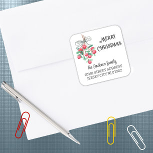 Sticker Carré 20 Aquarelle Gui Adresse de Retour Noël