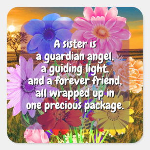 Sticker Carré (20 pcs) Elegant Flowers & Sister Quote   Spécial