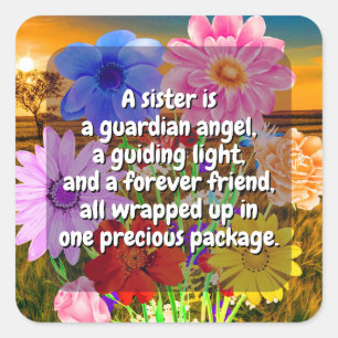 Sticker Carré (20 pcs) Fleurs Élégantes & Citation de Sœur   Spé