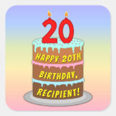 Sticker Carré 20e anniversaire : Fun Cake and Candles + Nom pers (Devant)