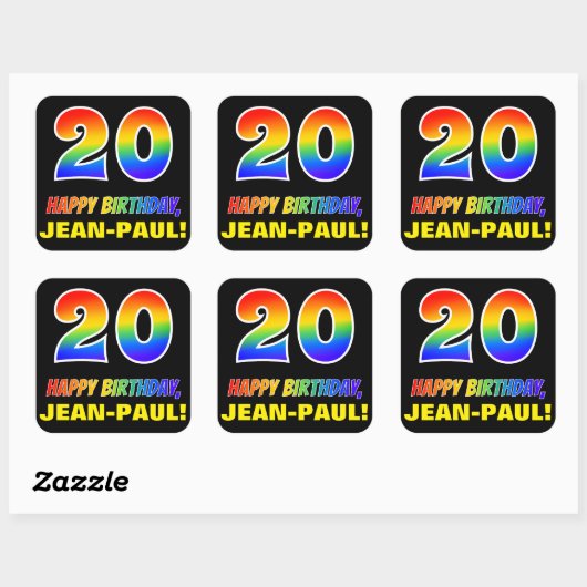 Sticker Carré 20e anniversaire : Gras, Amusant, Simple, Arc-en-c (Feuille)