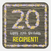 Sticker Carré 20e anniversaire : numéro floral, Faux Wood Look,  (Devant)