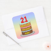 Sticker Carré 21e anniversaire : Fun Cake and Candles + Nom pers (Enveloppe)