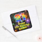 Sticker Carré 21e anniversaire : Fun Fireworks Look, Arc-en-ciel (Enveloppe)