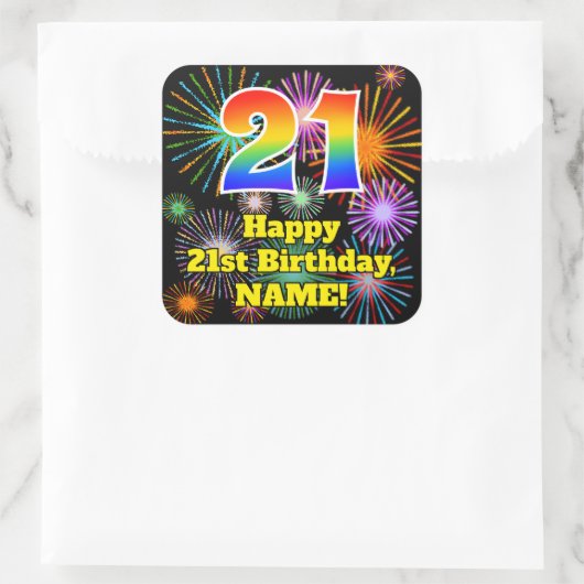 Sticker Carré 21e anniversaire : Fun Fireworks Look, Arc-en-ciel (Sac)