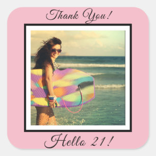 Sticker Carré 21e anniversaire photo blush rose merci