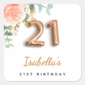 Sticker Carré 21e anniversaire rose or eucalyptus monogramme (Devant)
