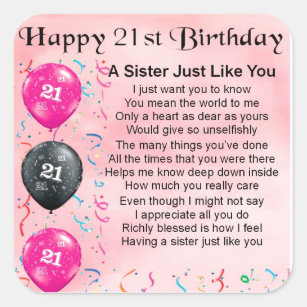 Sticker Carré 21ème poème heureux de soeur d'anniversaire