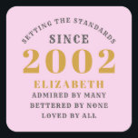 Sticker Carré 21st Birthday Born 2002 Ajouter le nom Pink Grey<br><div class="desc">Anniversaire personnalisé ajoutez votre nom et votre année autocollante. Modifiez le nom et l'année avec le modèle fourni. Un merveilleux accessoire de fête d'anniversaire personnalisé. Plus de cadeaux et de fournitures de fête disponibles avec le design "normes de fixation" dans le magasin.</div>