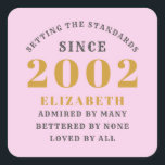 Sticker Carré 21st Birthday Born 2002 Ajouter le nom Pink Grey<br><div class="desc">Anniversaire personnalisé ajoutez votre nom et votre année autocollante. Modifiez le nom et l'année avec le modèle fourni. Un merveilleux accessoire de fête d'anniversaire personnalisé. Plus de cadeaux et de fournitures de fête disponibles avec le design "normes de fixation" dans le magasin.</div>