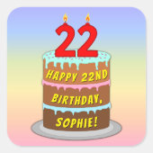 Sticker Carré 22e anniversaire : Fun Cake and Candles + Nom pers (Devant)